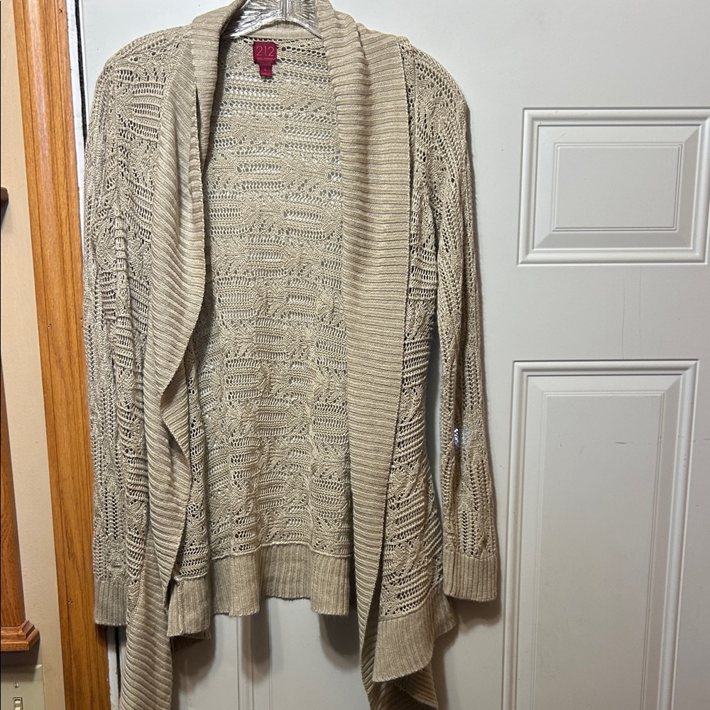 212‎ Collection Beige Open-Front Crochet Knit Cardigan L